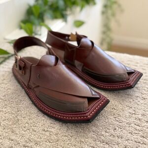 NEW J. JUNAID JAMSHED Leather Peshawari CHAPPAL Sandals Brown Square Toe MEN 13